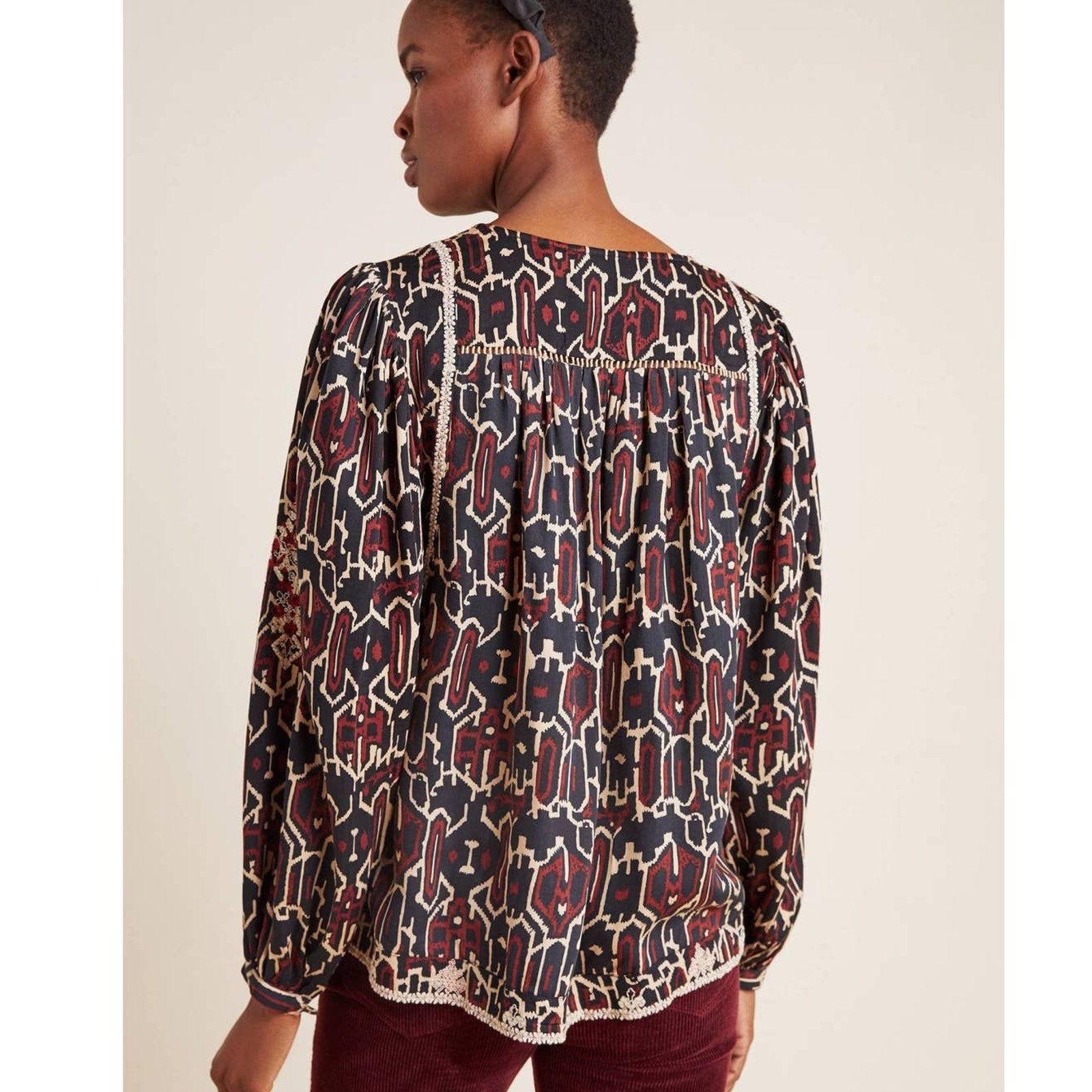 New Anthropologie Maeve Veda Embroidered Peasant Blouse $148 SMALL Brown Motif