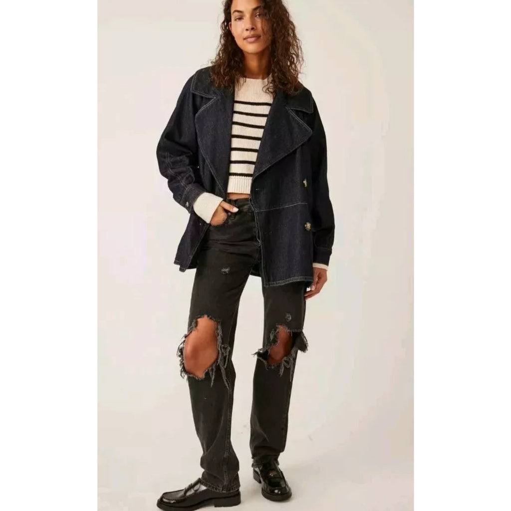 New FREE PEOPLE Denim Car Coat $148 SMALL Dark Blue Indigo
