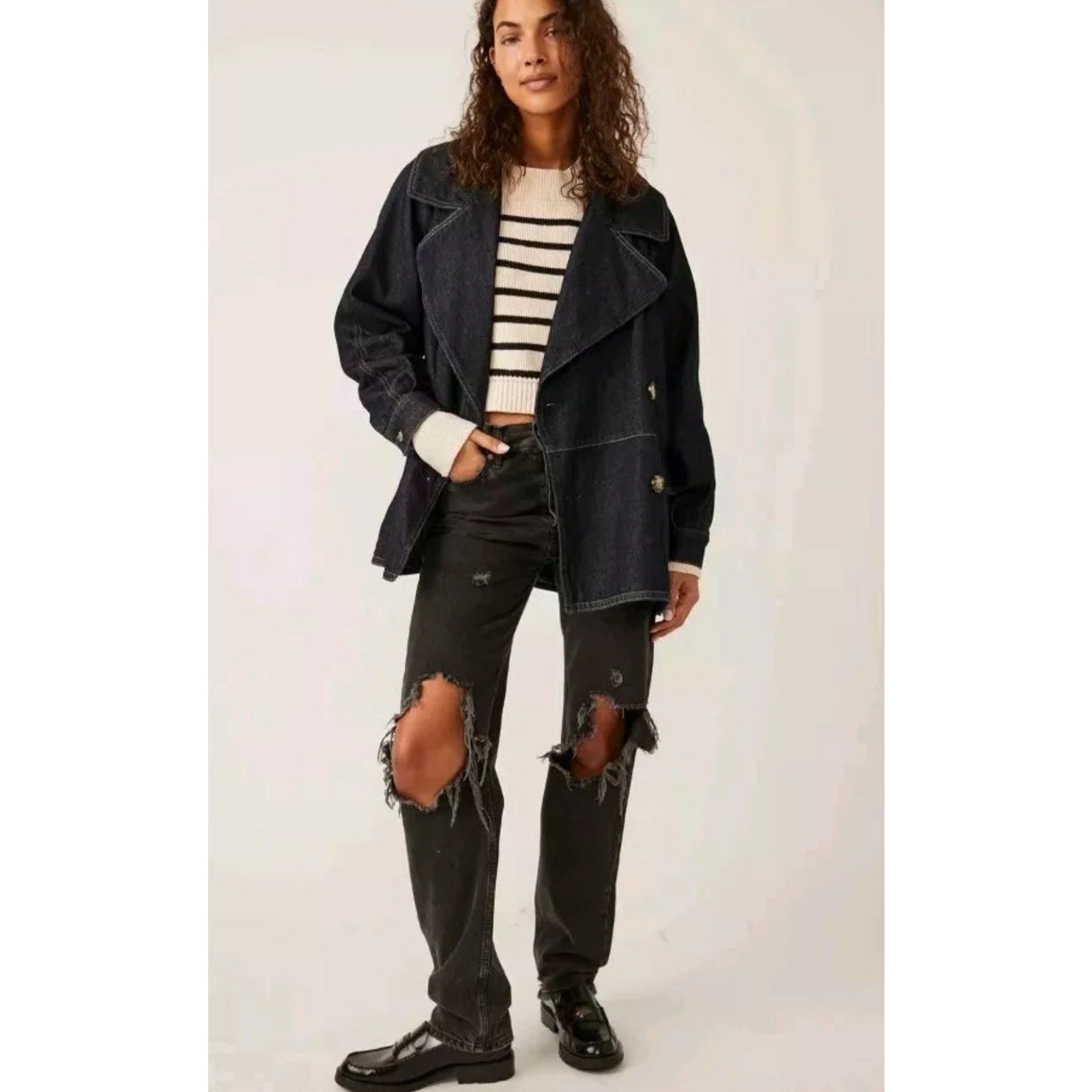 New FREE PEOPLE Denim Car Coat $148 SMALL Dark Blue Indigo
