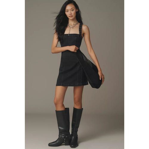 Dark denim mini dress with square neckline and studded shoulder straps
