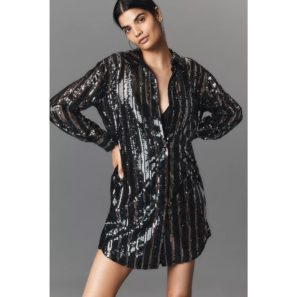 Anthropologie The Soren Sequin Mini Shirt Dress by Maeve SMALL Navy Anthropologie
