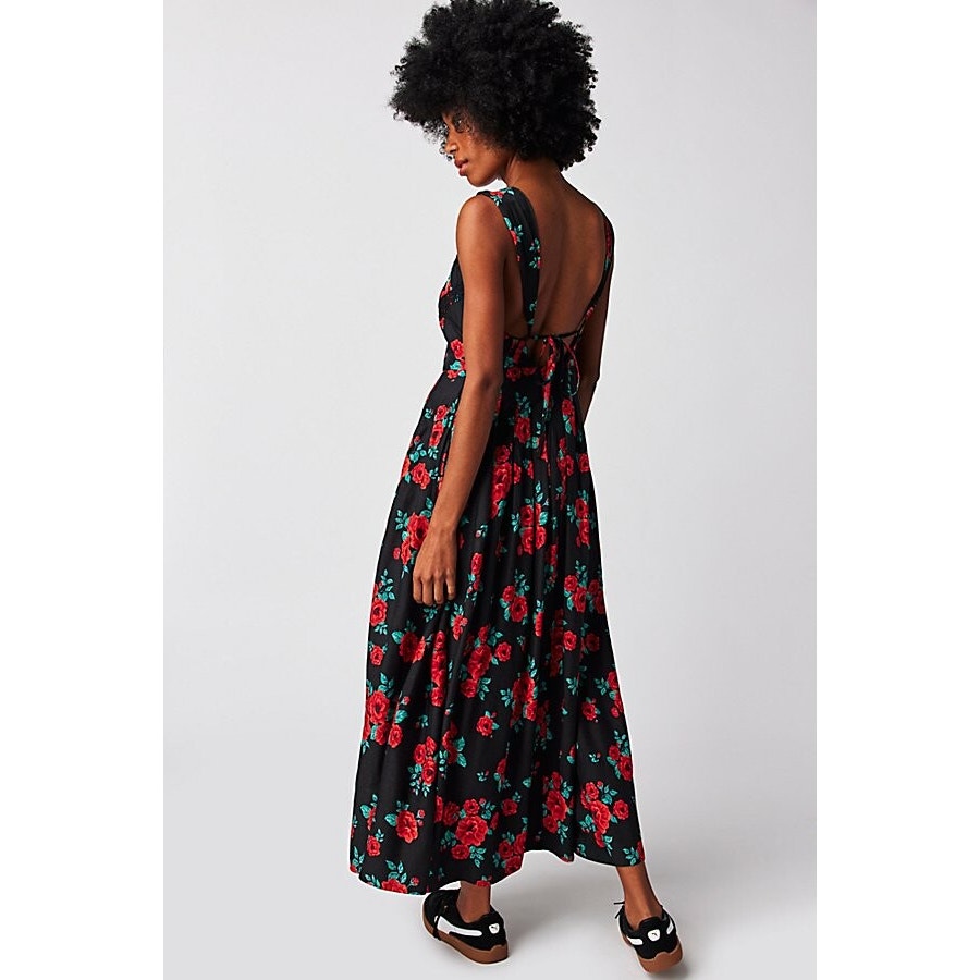 New Free People Lovers Heart Midi Dress $168 Medium Black & Red Floral Lace Trim
