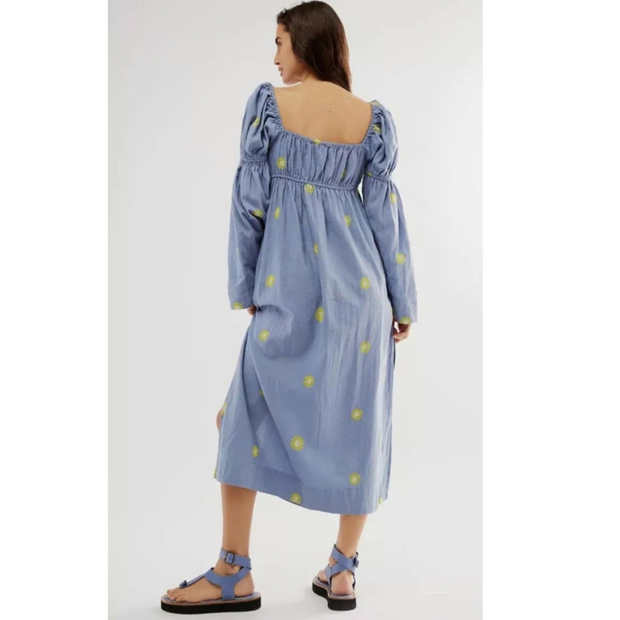 Free People Emory Embroidered Midi Dress X-SMALL Blue Long-Sleeve Free People
