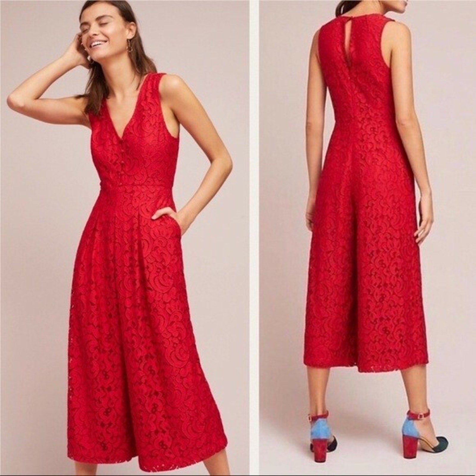 New Anthropologie Moulinette Soeurs Jaeda Lace Wide-Leg Jumpsuit $168 Sz 2 Red