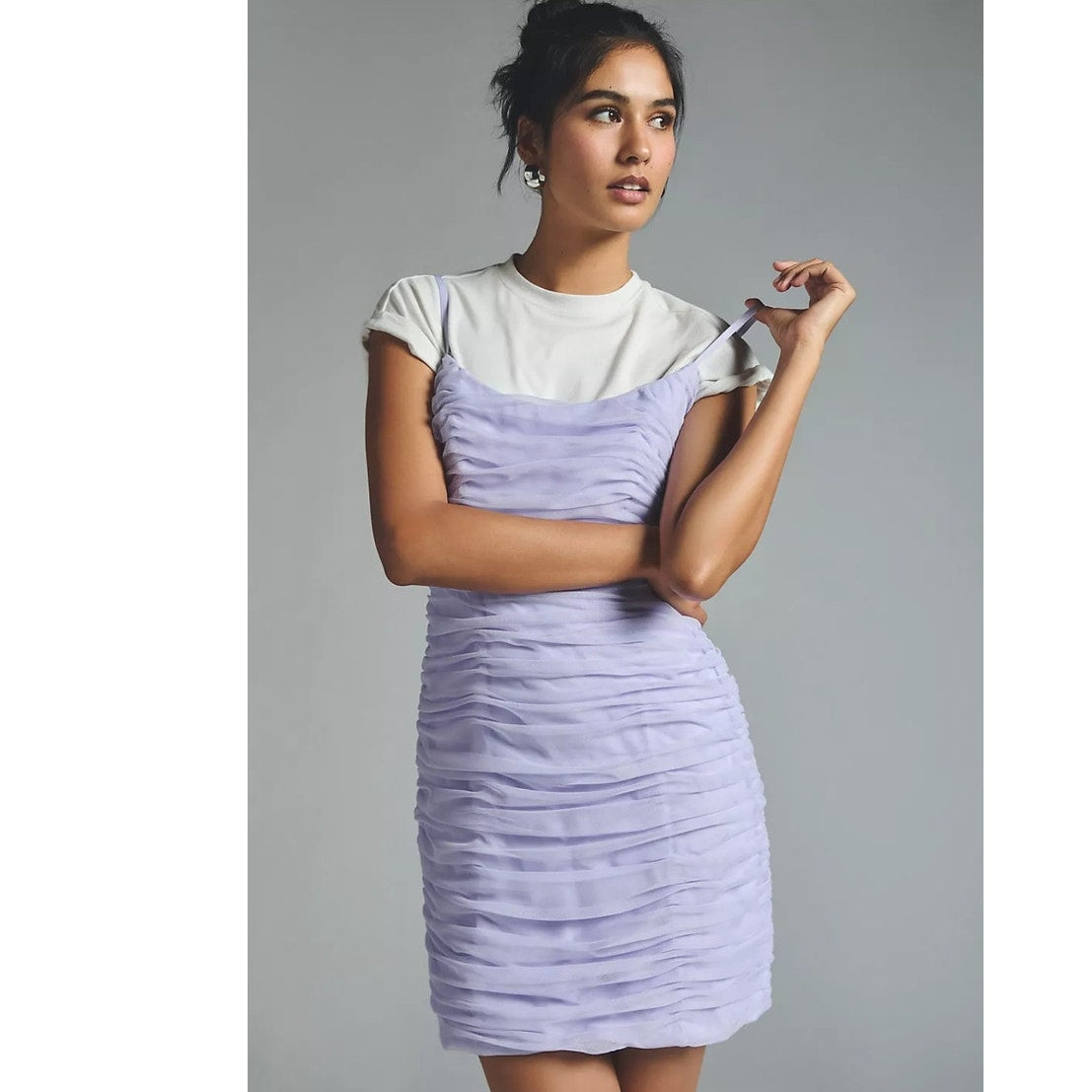 New Anthropologie Hutch Ruched Tulle Mini Dress $198 SIZE 6 Lavender Back Bow
