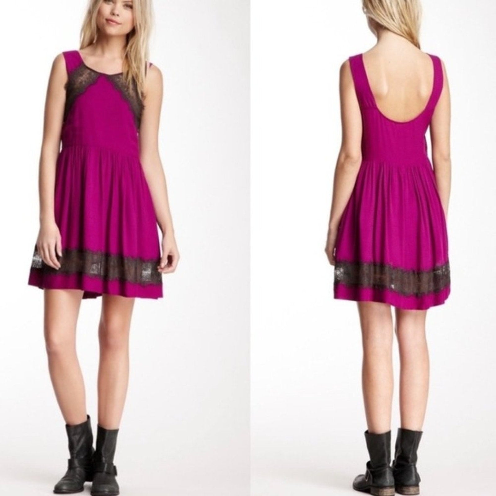 New Free People Georgia Lace Flare Party Slip Style Mini Dress Size 8 $98 Purple