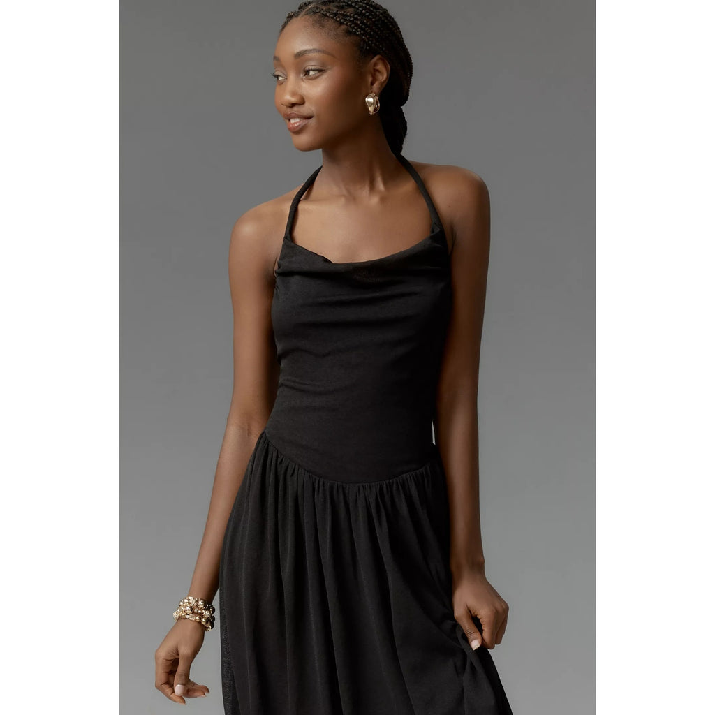 Anthropologie Cowl-Neck Bubble-Hem Midi Dress Size 12 Black Anthropologie