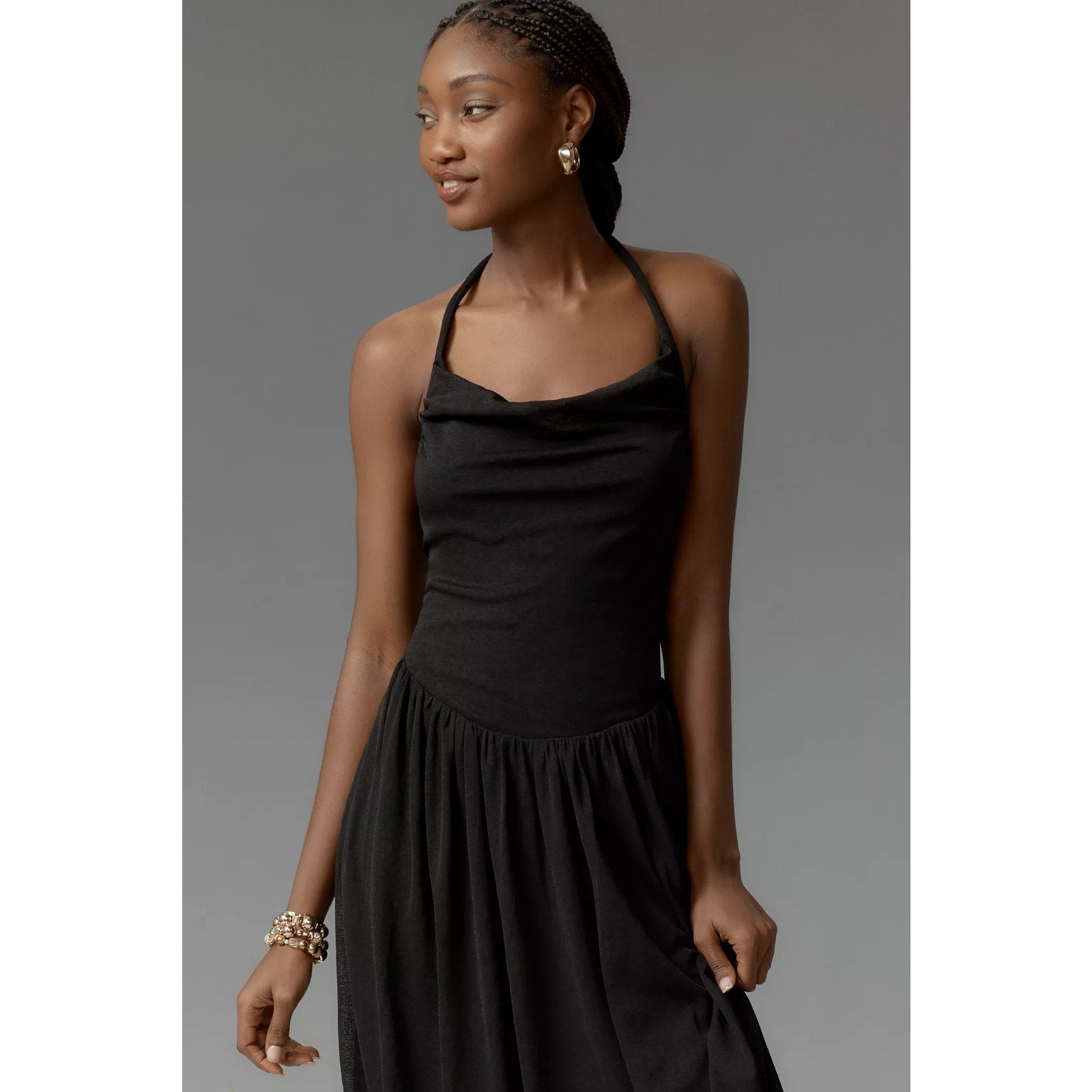 Anthropologie Cowl-Neck Bubble-Hem Midi Dress Size 12 Black Anthropologie