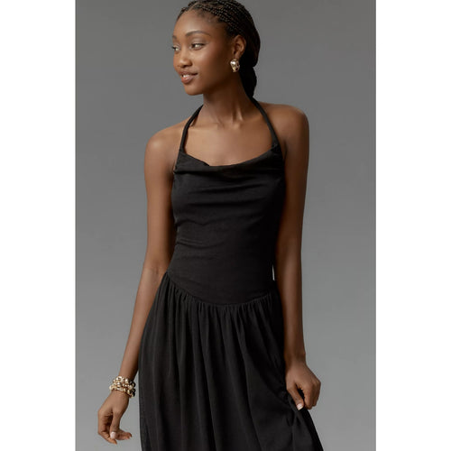 Anthropologie Cowl-Neck Bubble-Hem Midi Dress Size 12 Black Anthropologie