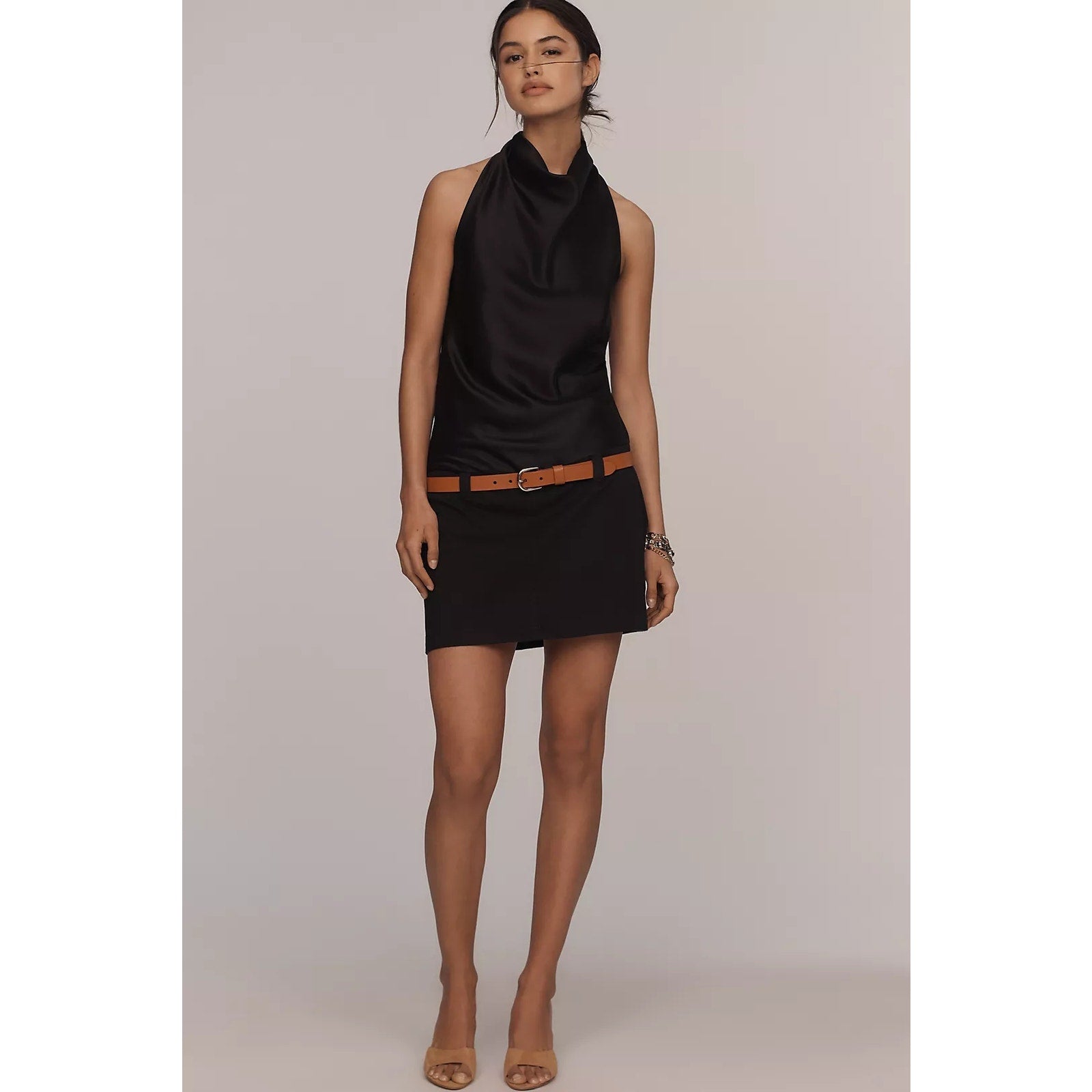 Anthropologie Maeve Cowl-Neck Belted Mini Dress $178 X-LARGE Black
