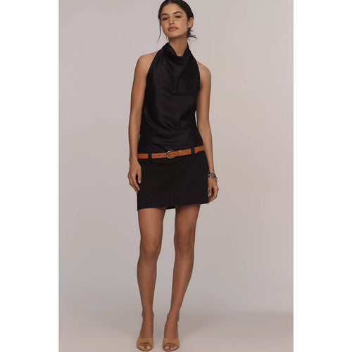 Black sleeveless mini dress with cowl neckline and tan waist belt, straight hem
