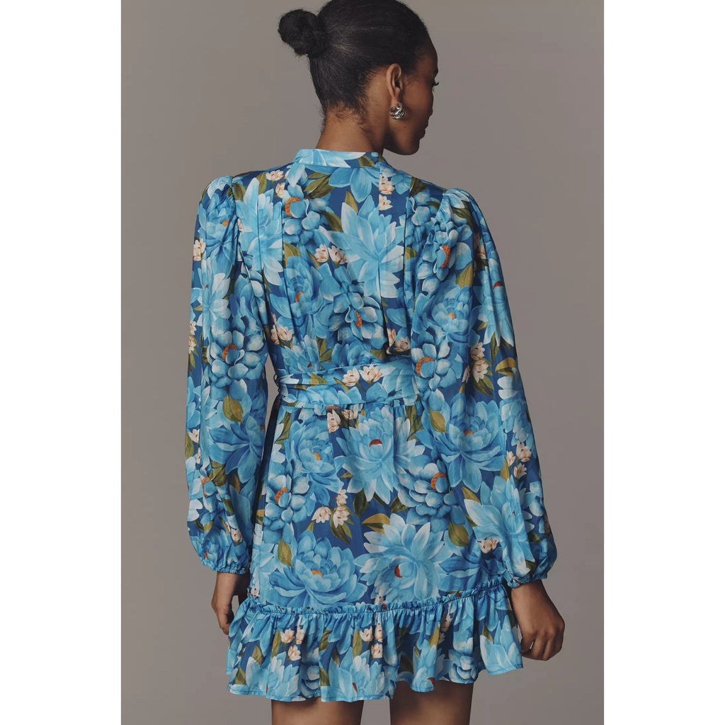 Farm Rio x Anthropologie Long-Sleeve Mini Swing Dress X-SMALL Blue FARM Rio