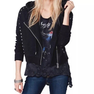 New Free People Moto Studded Rocker Zip Hoodie Size Small Black