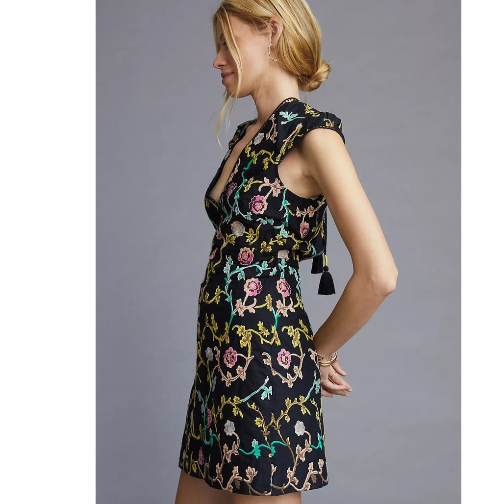 New By Anthropologie Floral Embroidered Mini Dress $298 SIZE 6 Black