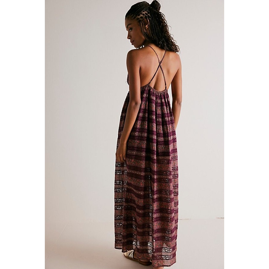 New Free People Lotus Boho Floral Printed Maxi Dress $284 XS/S Fig Plum