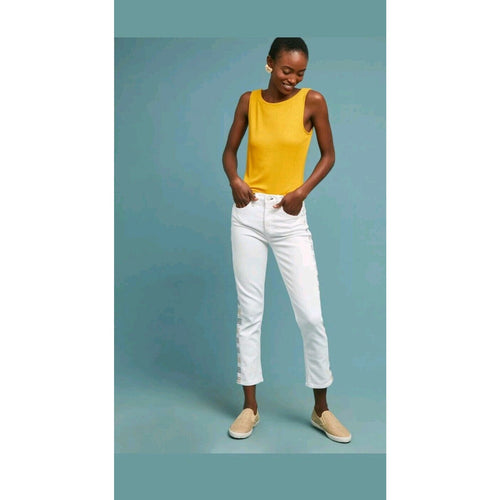 White high-rise straight cropped jeans with button and zipper front
