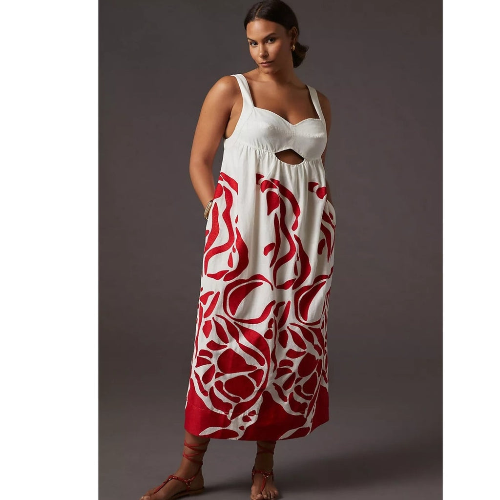 Anthropologie Front Cutout Maxi Dress $248 MEDIUM Red Motif EMBROIDERED