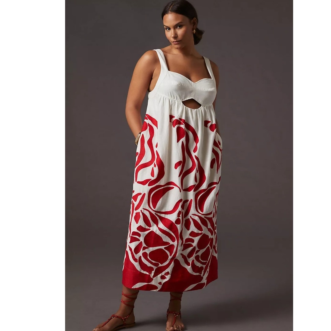 Anthropologie Front Cutout Maxi Dress $248 MEDIUM Red Motif EMBROIDERED