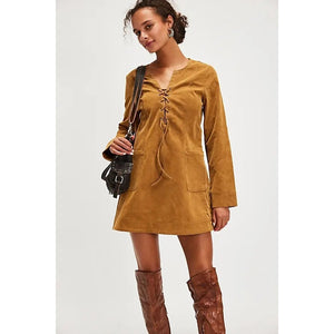 New Free People Bradley Faux Suede Shift Style Mini Dress $168 X-SMALL Lace-up
