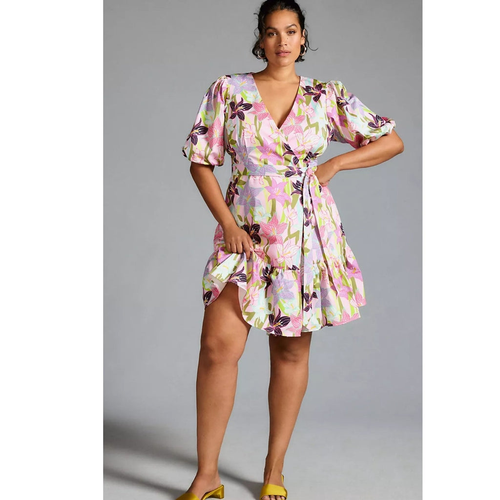Anthropologie Hutch Puff-Sleeve Wrap Dress $178 X-SMALL PETITE Pink Floral