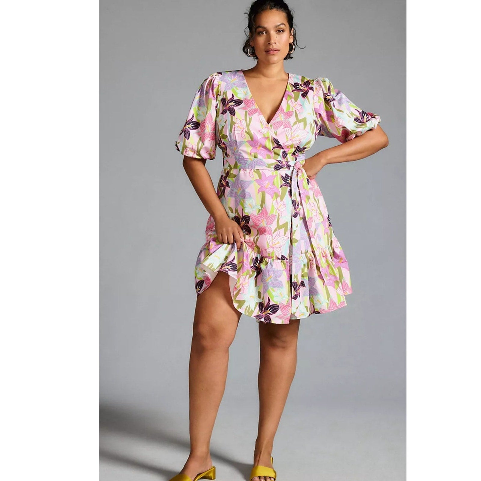 Anthropologie Hutch Puff-Sleeve Wrap Dress $178 X-SMALL PETITE Pink Floral