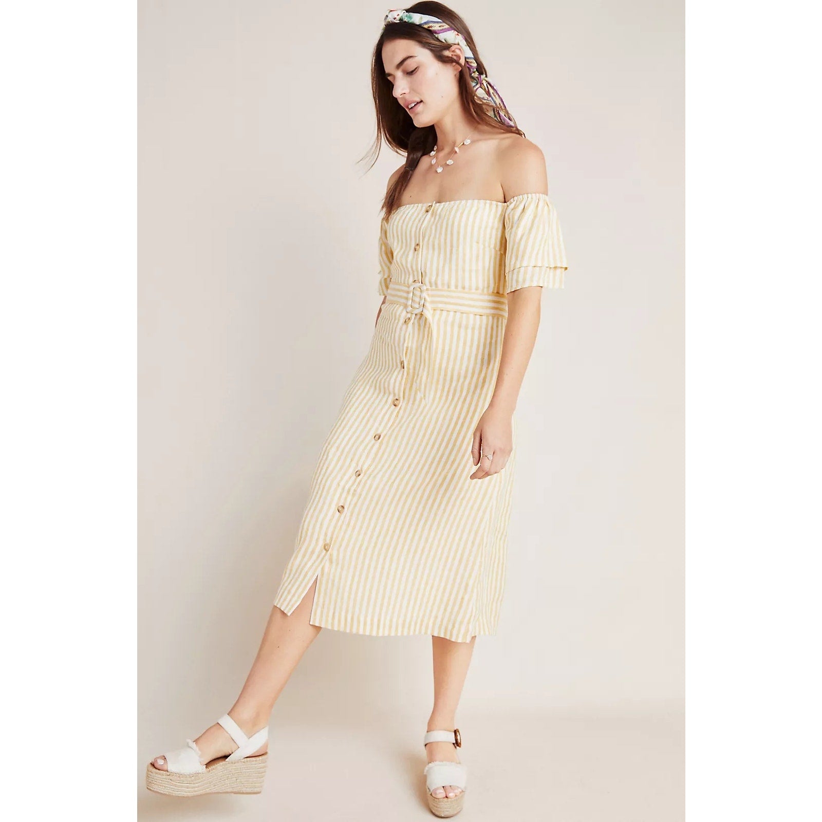 Anthropologie Linen Off-The-Shoulder Dress SMOCKED MEDIUM Yellow Stripe Anthropologie