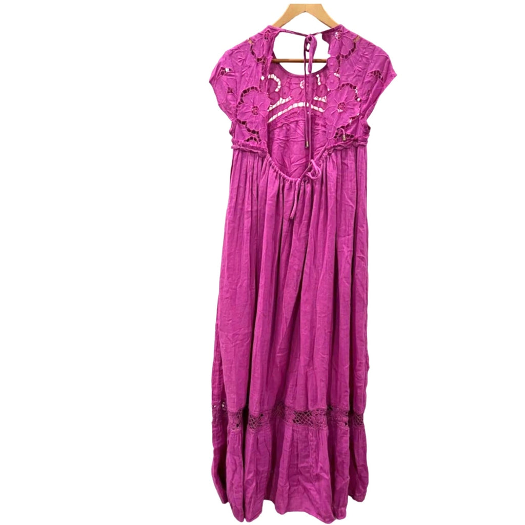 New Free People Cutwork Boho Maxi T-Shirt Dress $198 SMALL Open-Back Violet
