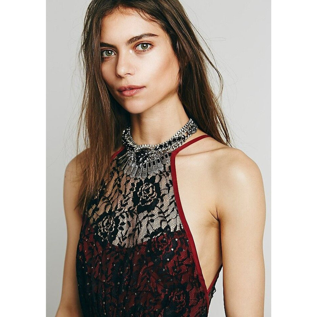 New Free People Wish Upon A Star Lace Dress RICH RED COMBO Retail $168 Size 2