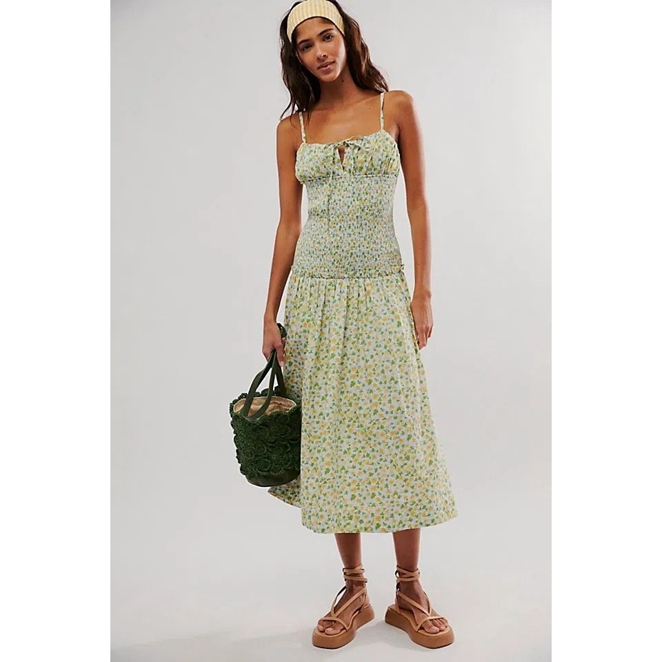 FREE PEOPLE Lavender Daze Dress Smock Midi Sz S Green Floral Boho Free People