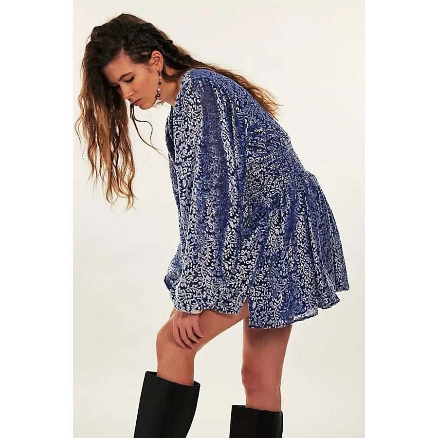 New FREE PEOPLE Lapis Mini Dress by JEN ROSSI $253 X-SMALL Sunset Blue VELVET