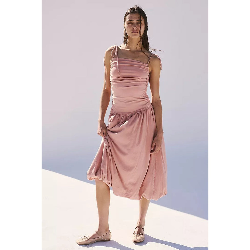 New FREE PEOPLE Beach Liza Drop-Waist Midi Dress $78 MEDIUM Tuscany Ruched