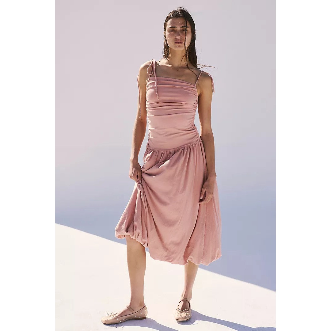 New FREE PEOPLE Beach Liza Drop-Waist Midi Dress $78 MEDIUM Tuscany Ruched