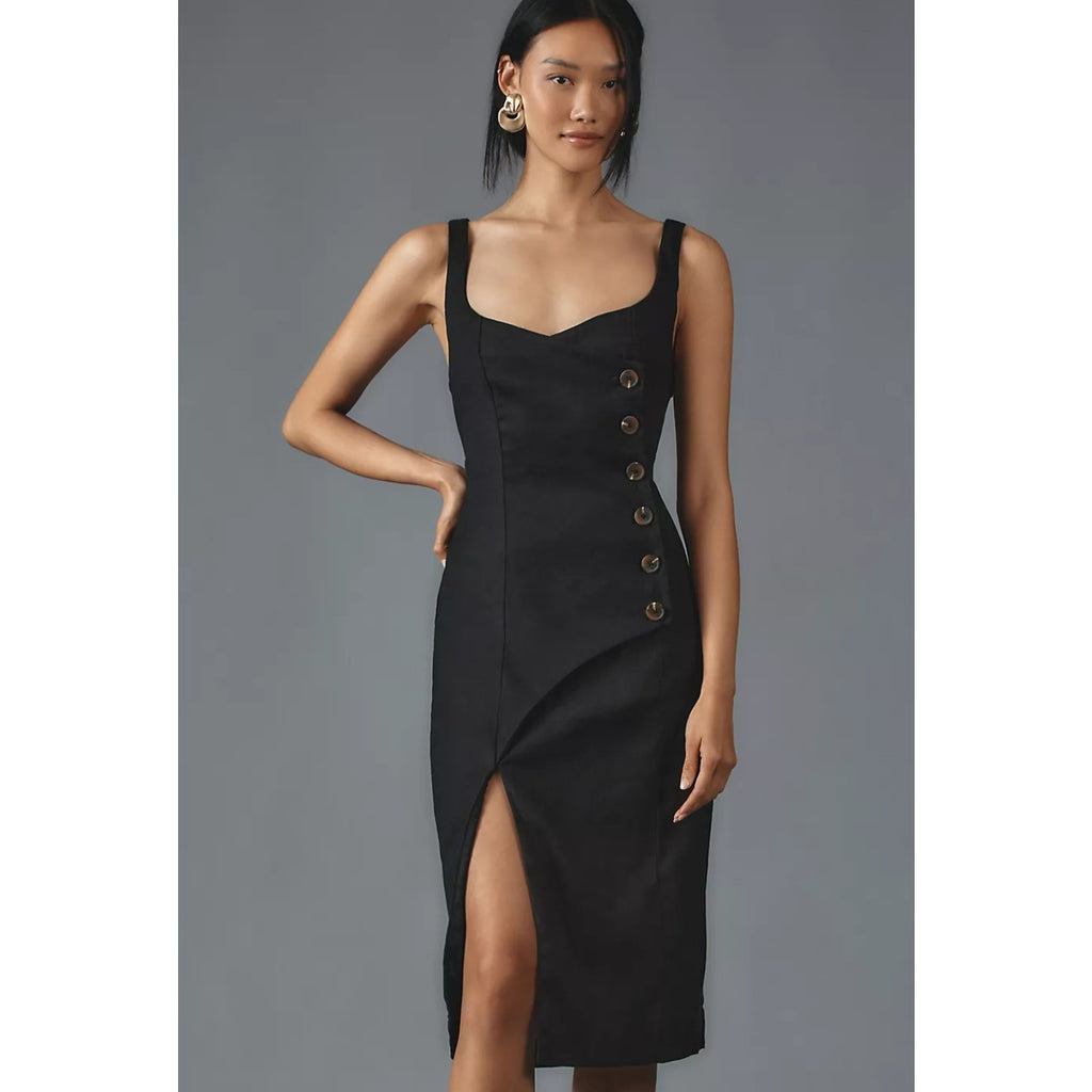 Anthropologie Sleeveless Square-Neck Linen Button Wrap Midi Dress $178 3X