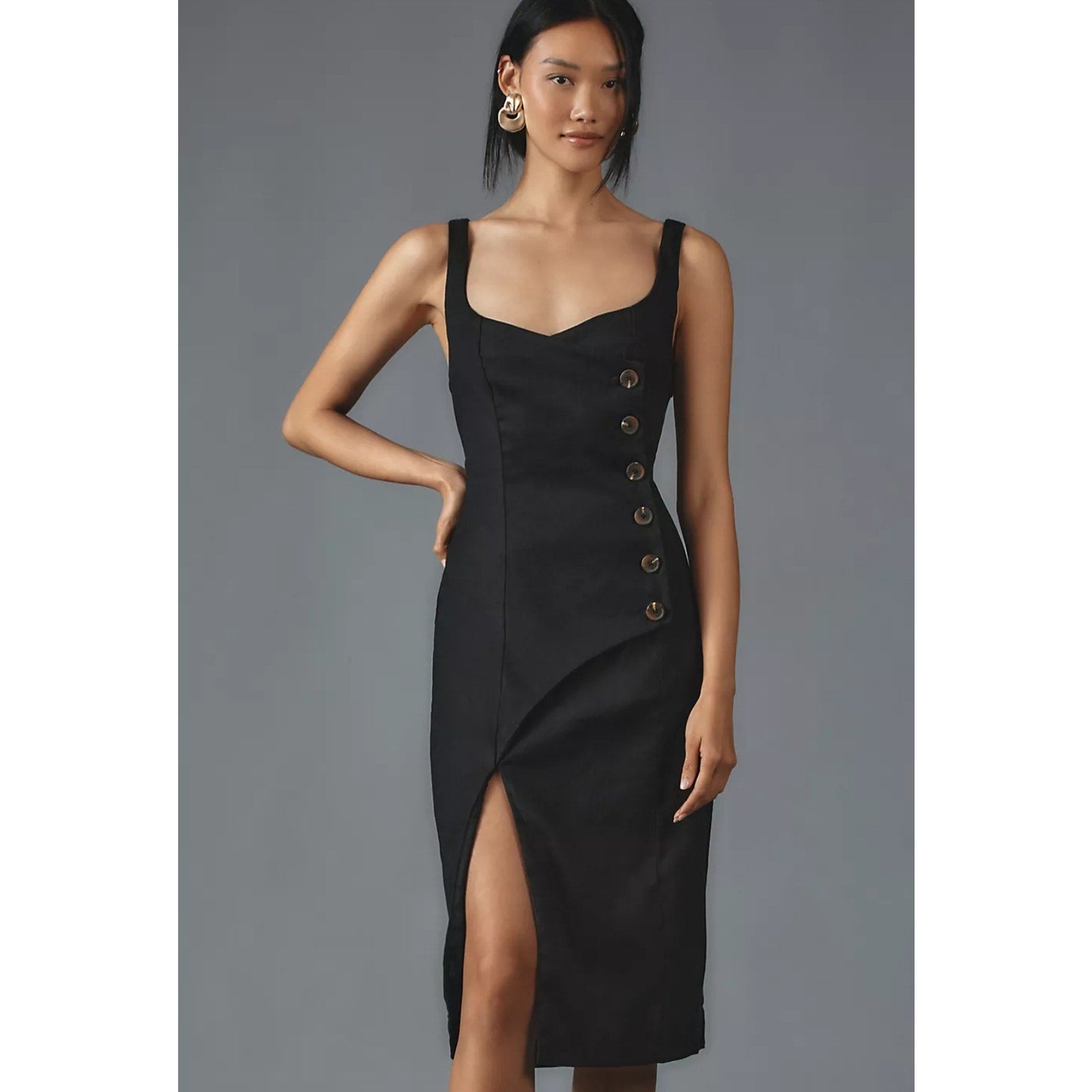 Anthropologie Sleeveless Square-Neck Linen Button Wrap Midi Dress $178 3X