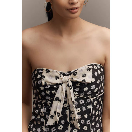 Strapless bodice mini dress with tied bow detail and floral print