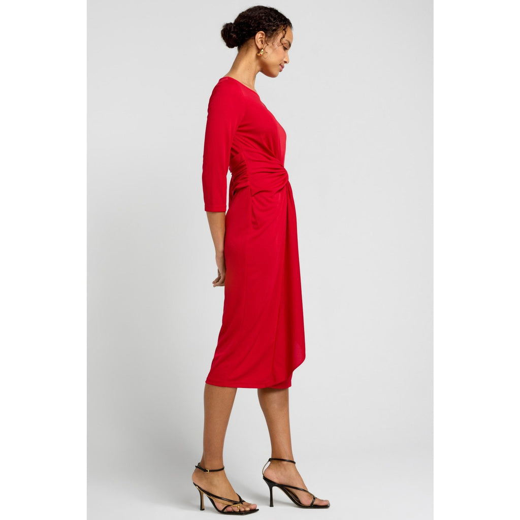 Red midi wrap-style dress with twisted waist knot and 3/4 sleeves