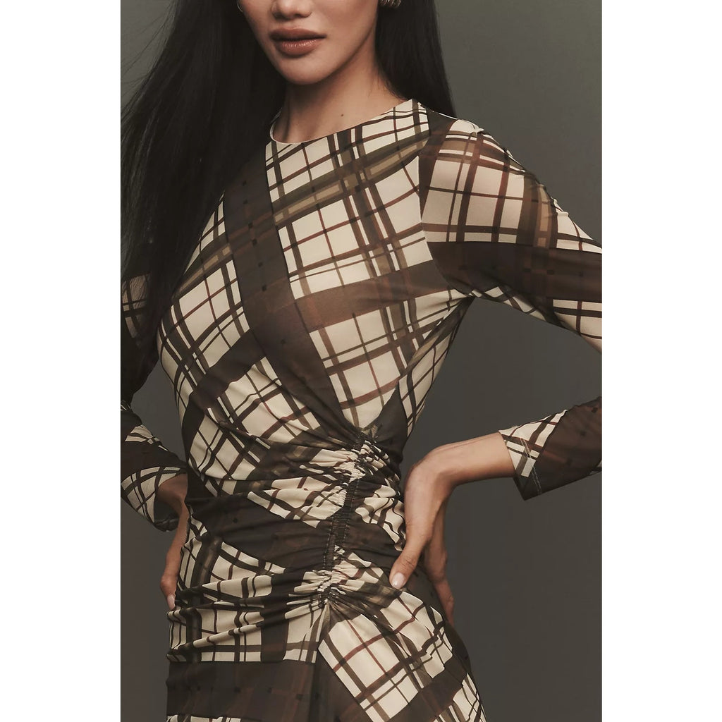 By Anthropologie Long-Sleeve Ruched Mesh Midi Dress X-LARGE Brown Anthropologie