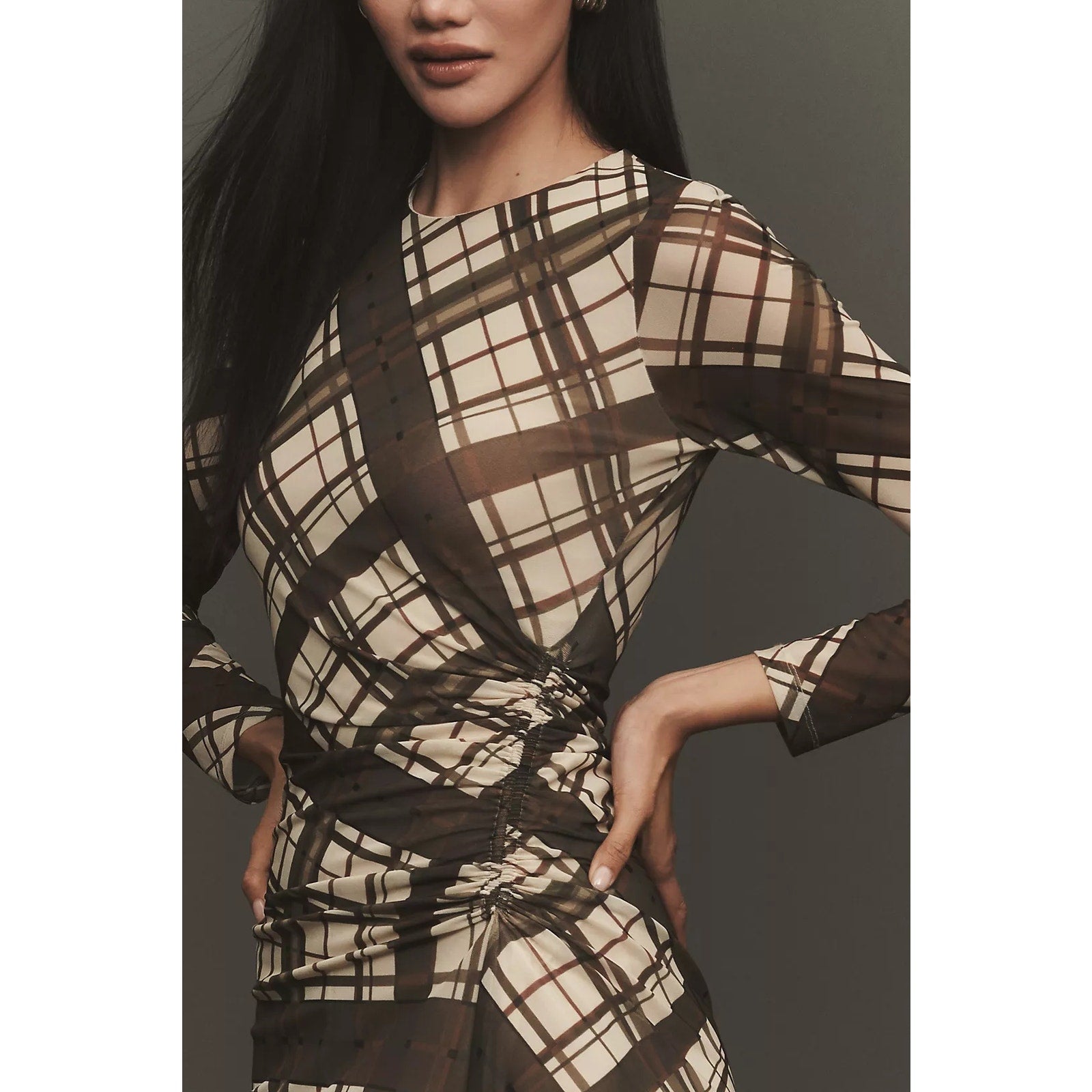 By Anthropologie Long-Sleeve Ruched Mesh Midi Dress X-LARGE Brown Anthropologie
