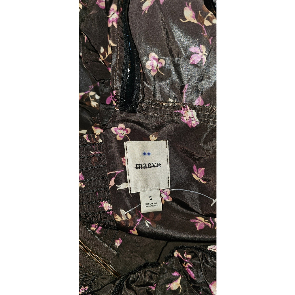 Maeve size S label on black floral mini dress fabric