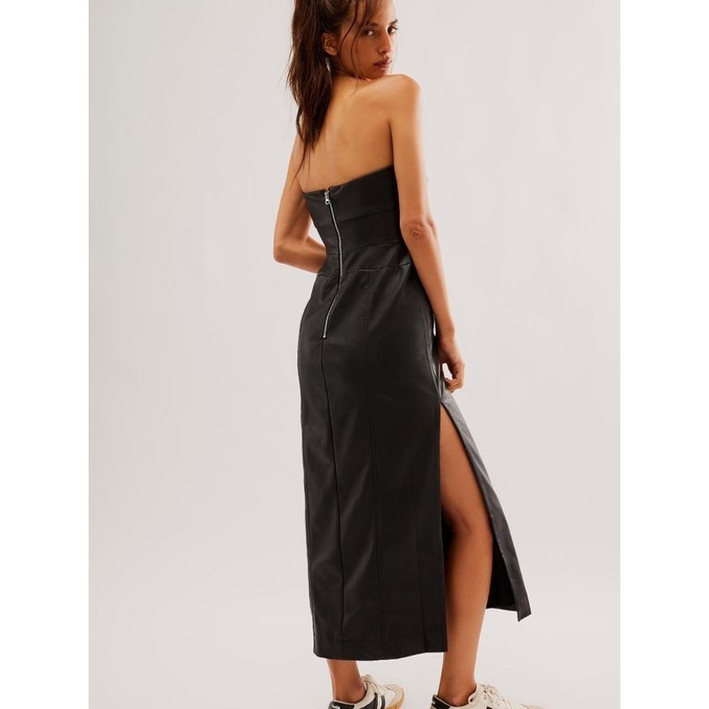 New Free People Mira Faux Leather Midi Dress $168 SIZE 10 Black Vegan Strapless