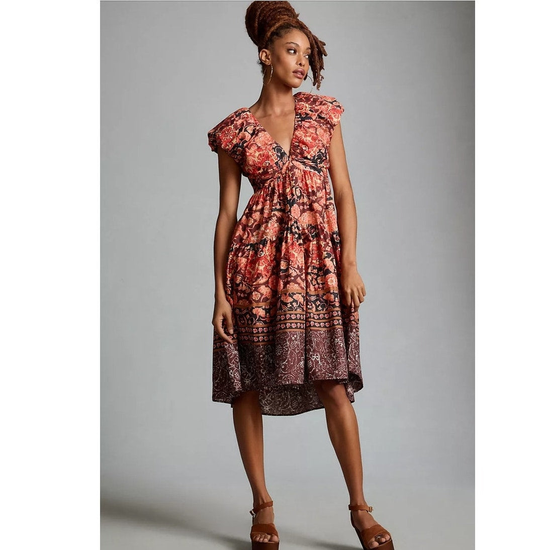 New By Anthropologie Printed V-Neck Babydoll Dress $170 SIZE 6 Red Floral