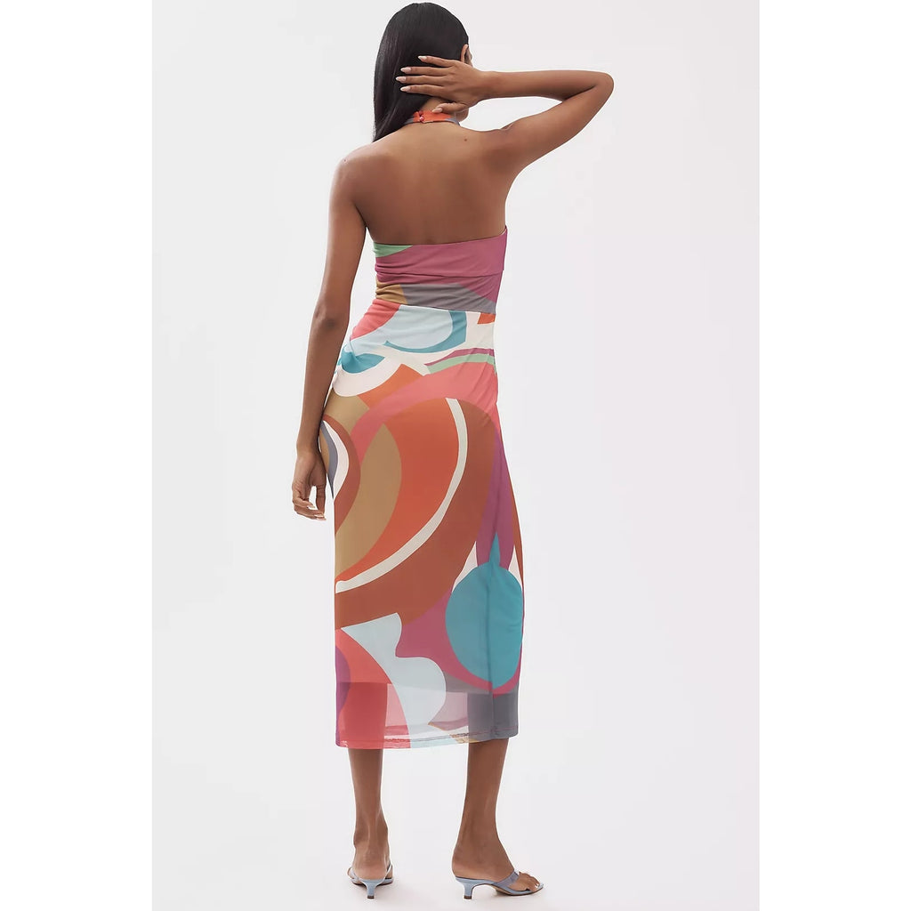 By Anthropologie Square-Neck Halter Midi Dress LARGE PETITE Pink Anthropologie