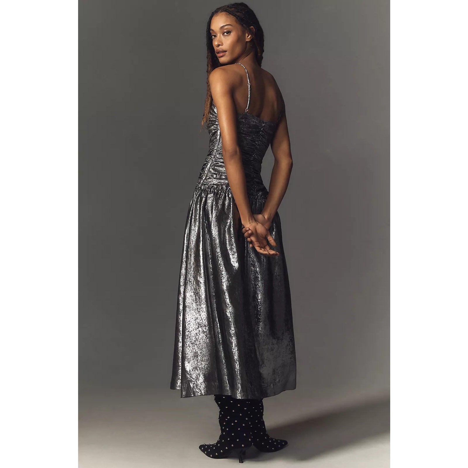 Anthropologie La Maise Studio Ruched Drop-Waist Foil Midi Dress $298 MEDIUM