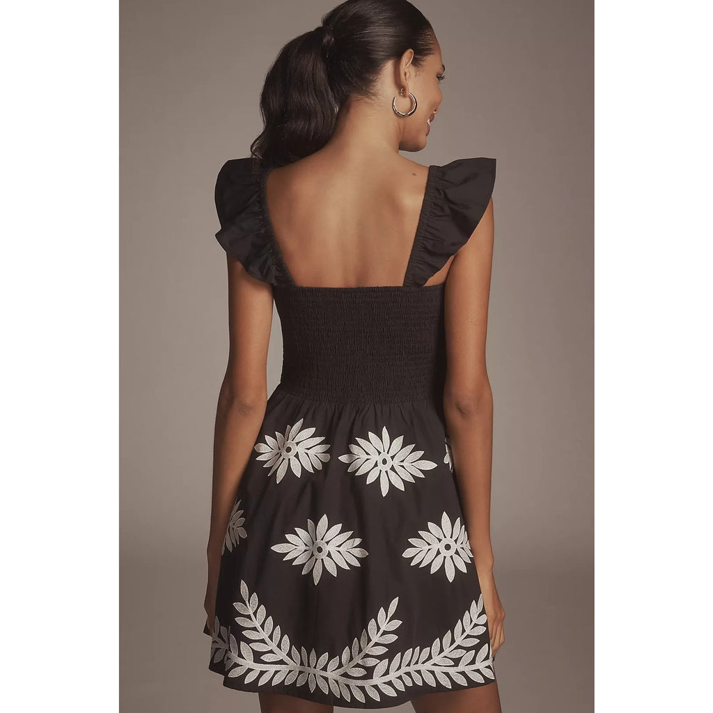 Anthropologie Ruffle-Strap Embroidered Smocked Mini Dress X-LARGE Black