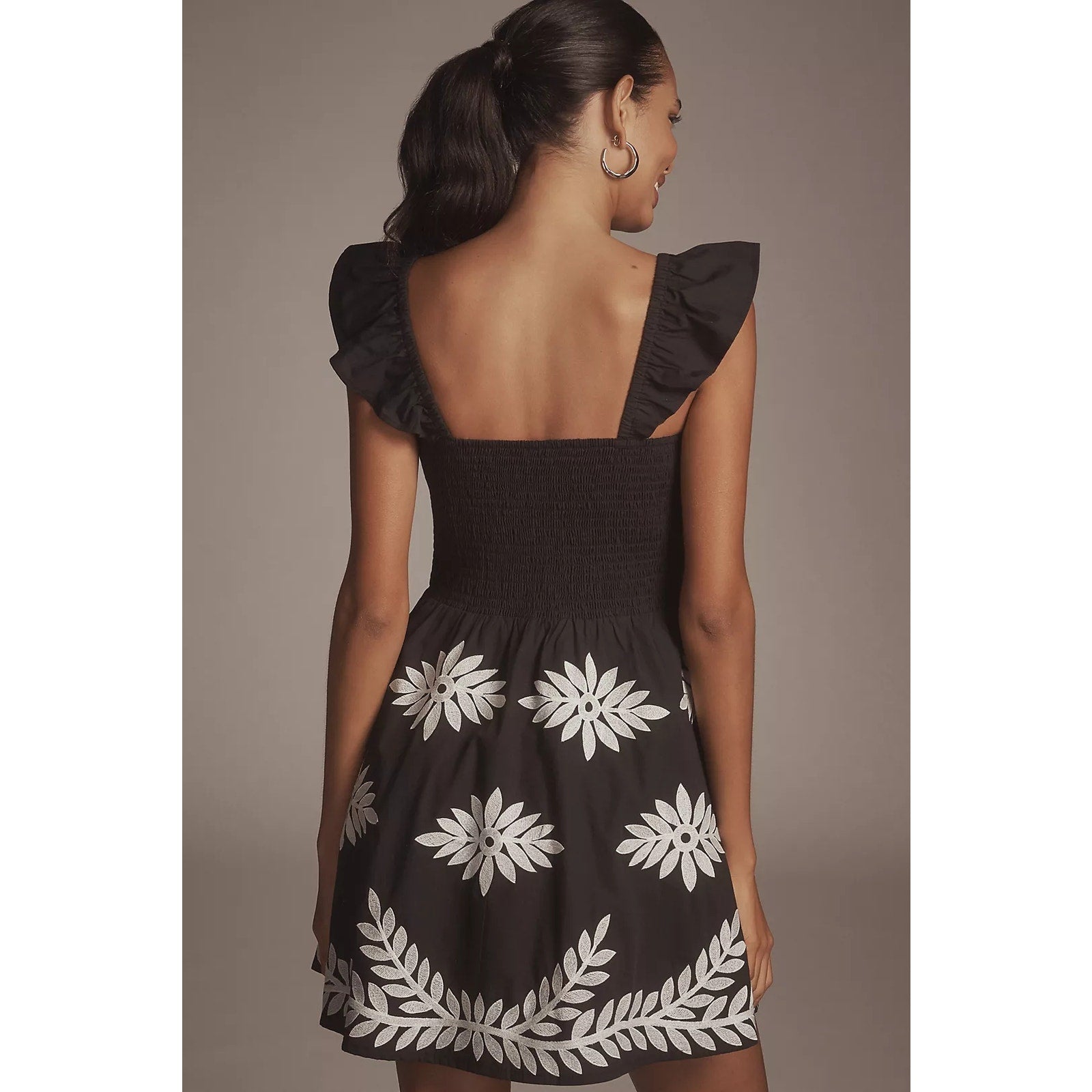 Anthropologie Ruffle-Strap Embroidered Smocked Mini Dress X-LARGE Black