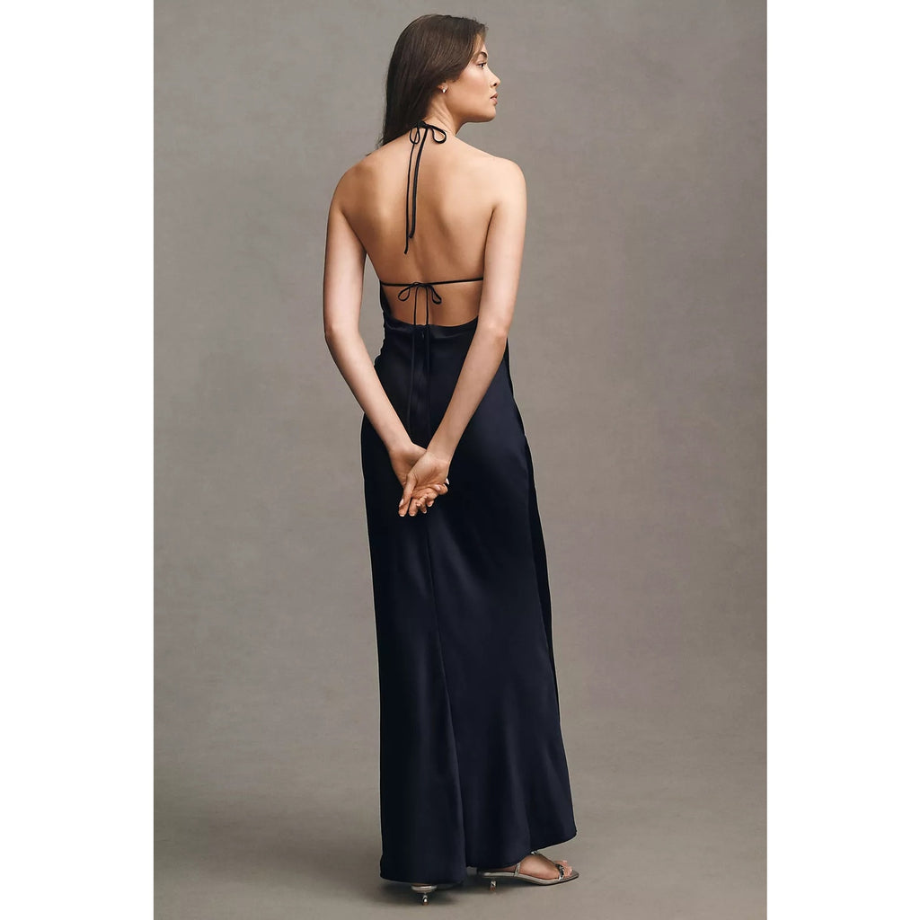 Anthropologie BHLDN Saylor Cowl-Neck Satin Halter Maxi Dress XS Navy Anthropologie