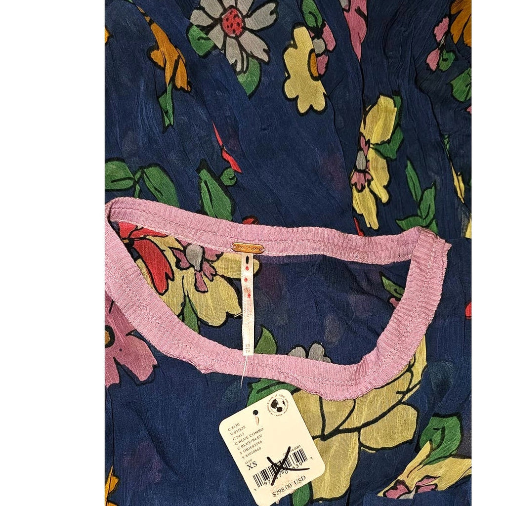 New Free People Mina Retro Floral Maxi Dress Chiffon $298 X-SMALL Blue Mini Slip