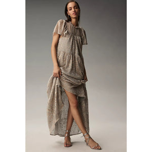 New By Anthropologie Short-Sleeve Mock-Neck Maxi Dress $178 SMALL Silver & Gold