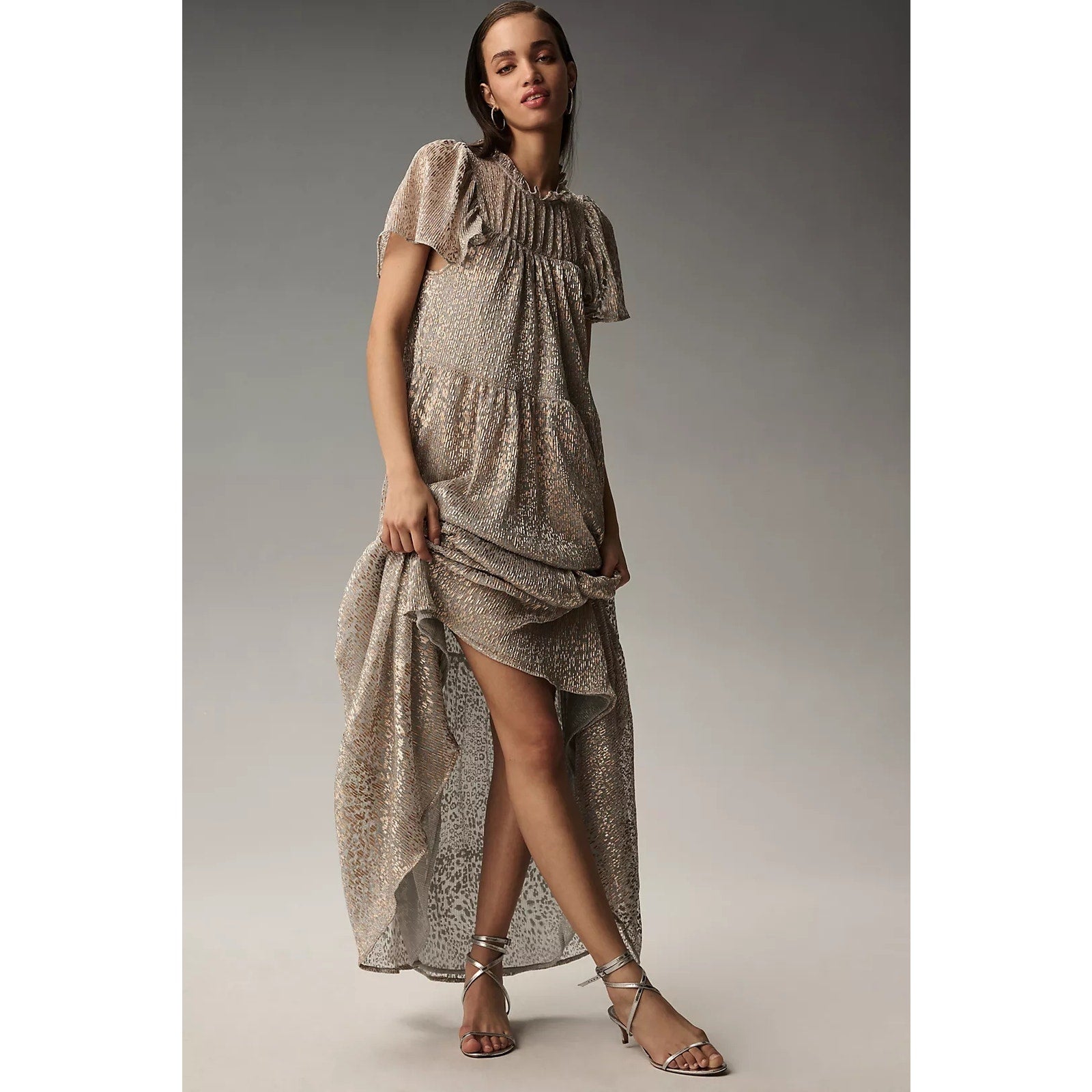 New By Anthropologie Short-Sleeve Mock-Neck Maxi Dress $178 SMALL Silver & Gold