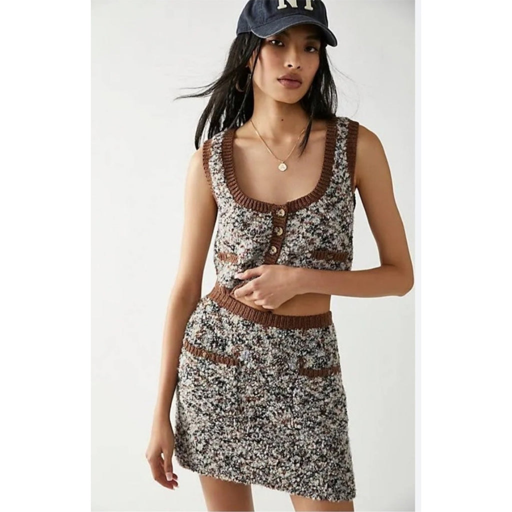 New FREE PEOPLE Chalet Mini Sweater Skirt Set $228 MEDIUM Brown
